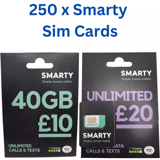 250 x Smarty UK Sim cards . Bulk wholesale- JOBLOT( Required online top-up and Activation ) by SMARTY – Buy VIP mobile numbers UK. Gold Numbers list. 250 x Smarty UK Sim cards. Bulk wholesale- JOBLOT