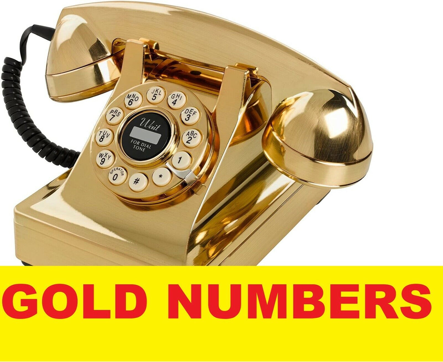 Gold vintage-style telephone with 'GOLD NUMBERS' text on a white background vip numbers list to chose.