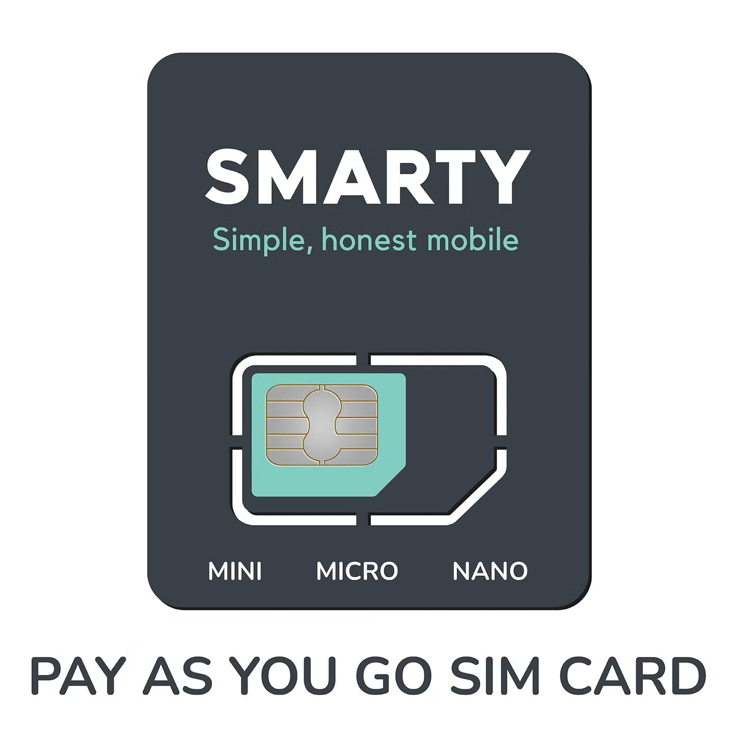SMARTY UK Pay As You Go SIM card showing mini, micro and nano sizes on white background