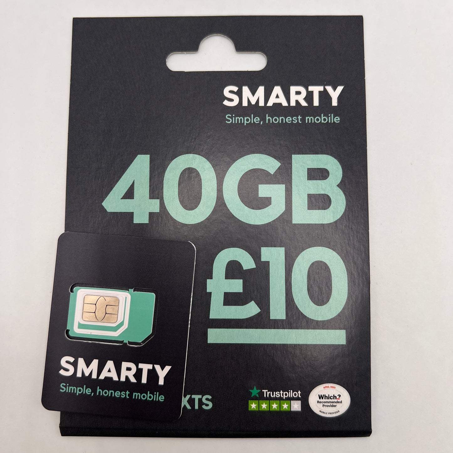SMARTY UK SIM card 40GB £10 mobile data plan packaging on white background