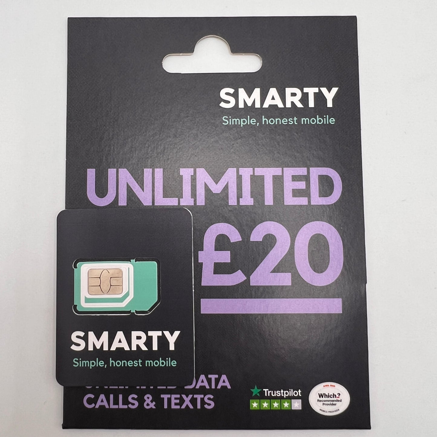 SMARTY UK SIM card unlimited £20 mobile plan packaging on white background