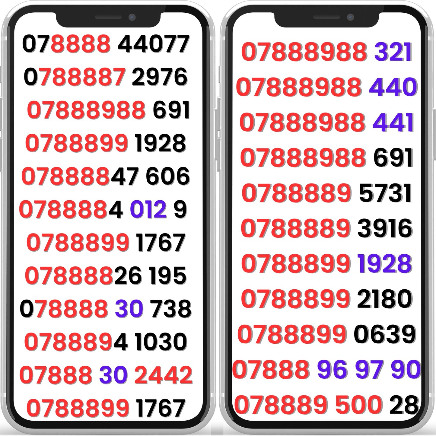 SMARTY UK VIP 078888 gold mobile numbers displayed on two phone screens – easy to remember and for sale.