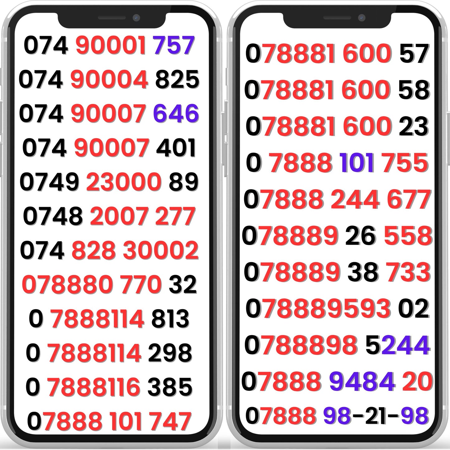 Two smartphones displaying a series of vip numbers list to chose.