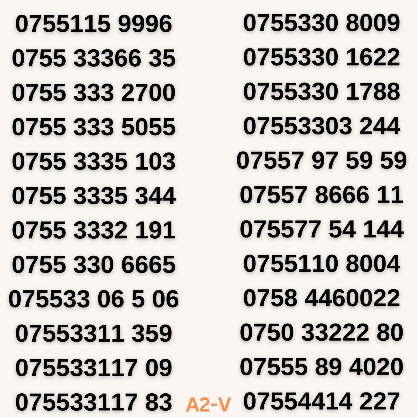 UK VIP Mobile Numbers – 0755 333 66, Easy-to-Remember & Memorable for Sale A2-V by Vodafone – Buy VIP mobile numbers UK. Gold Numbers list. Buy UK Vodafone Gold Numbers – Premium VIP Mobile, SIM Numbers List