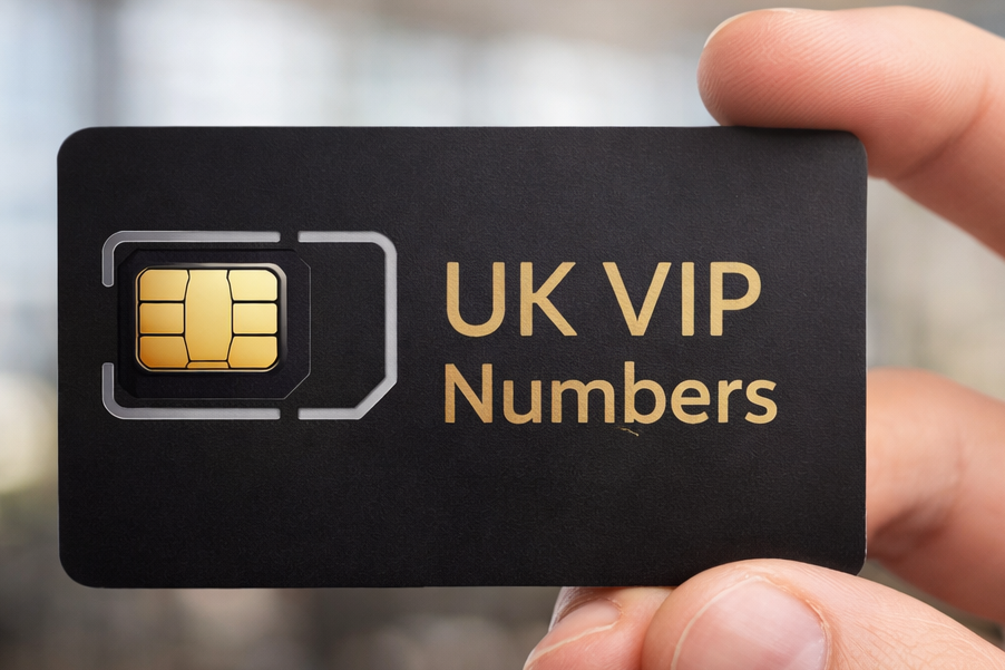 UK VIP mobile numbers SIM card held in hand with office background blur