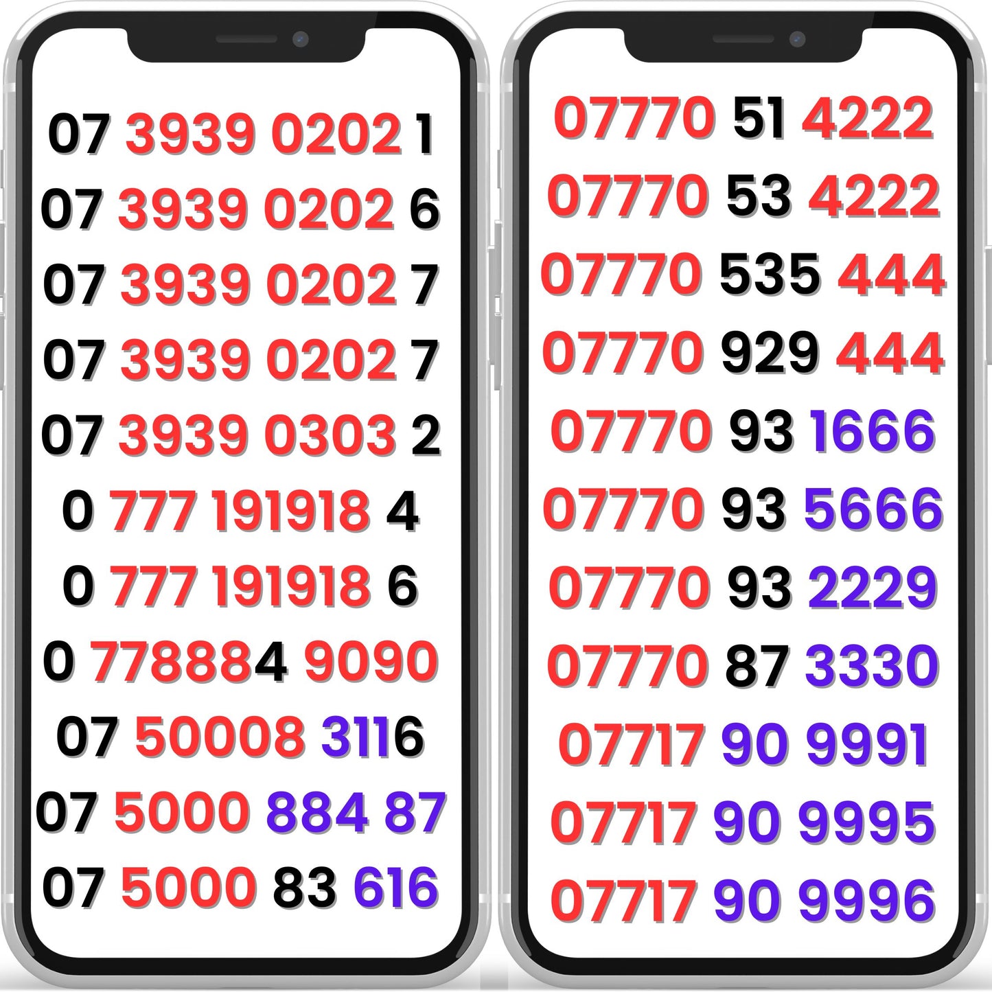 Vodafone UK VIP mobile numbers list displayed on two smartphone screens, showing gold numbers with repeating and memorable patterns.
