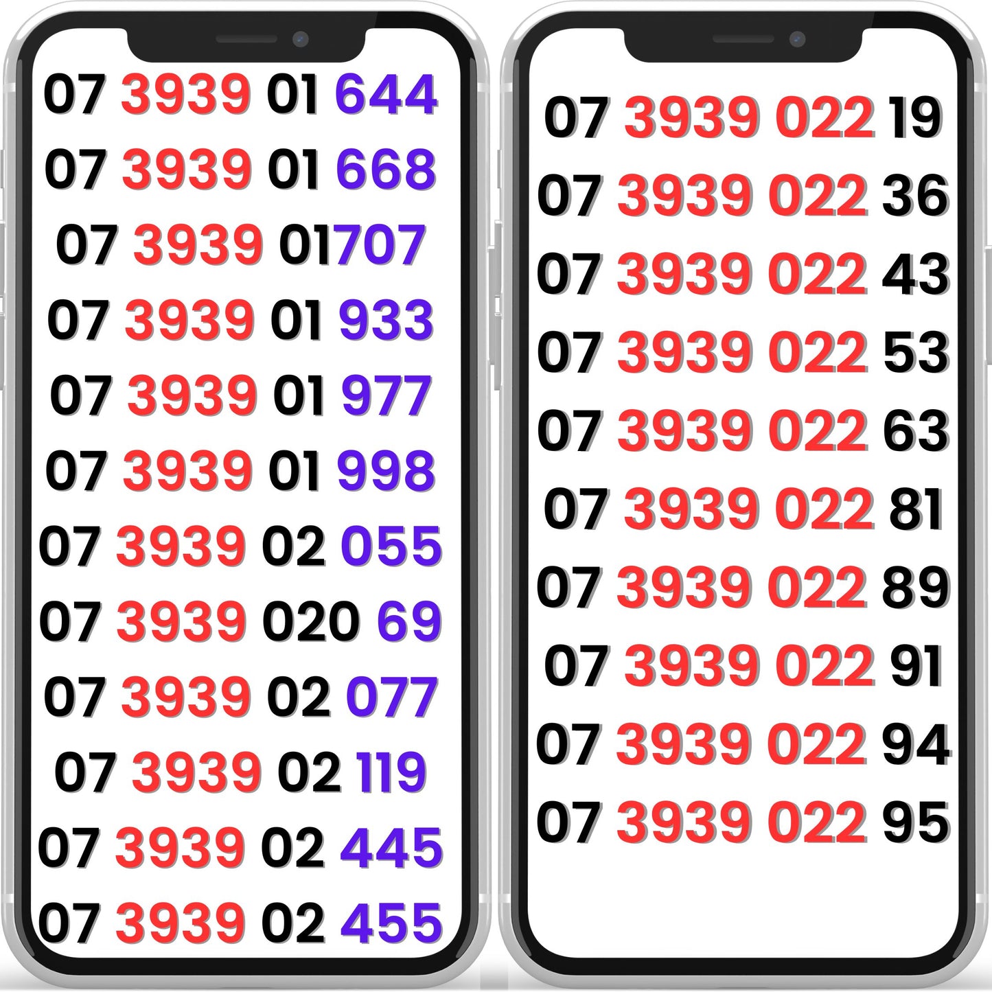 Two smartphones displaying sequences of numbers on their screens.