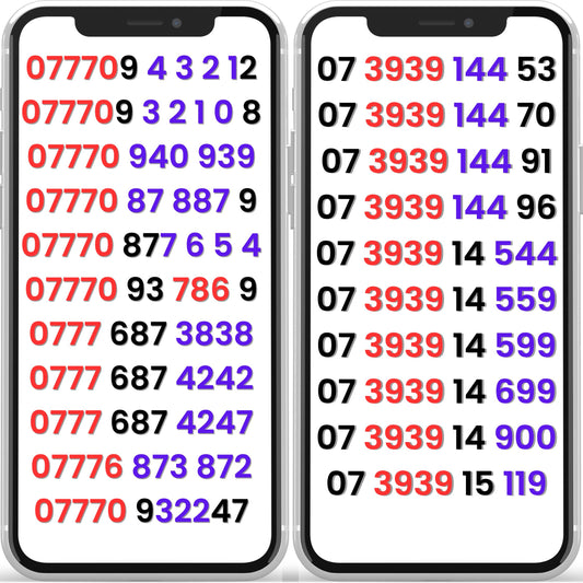 Two smartphones displaying vodafone vip mobile numbers in different colors on a white background