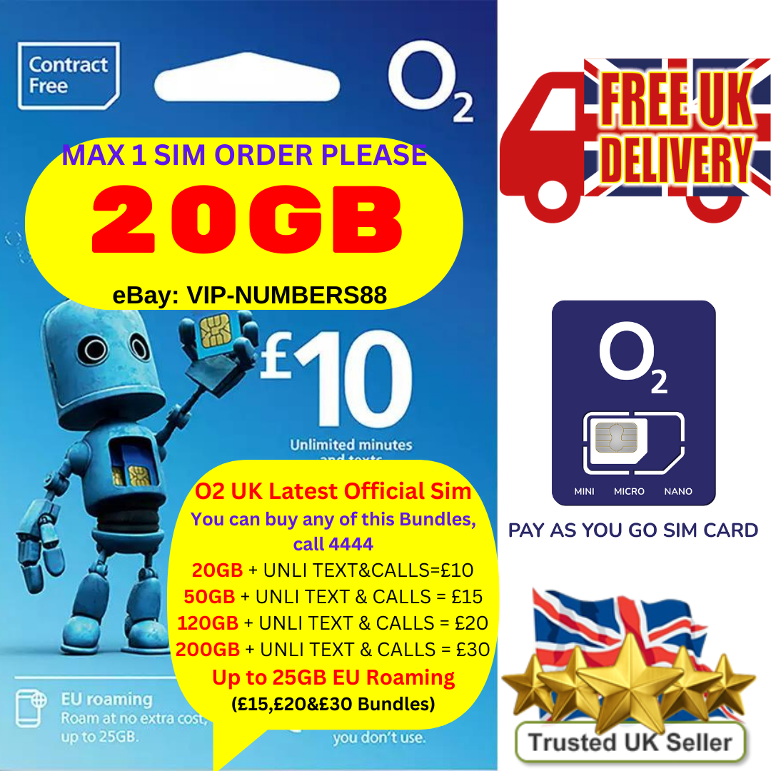 O2 UK LATEST Sim Card Pay As You Go SIM CARD. UK BUNDLE 3in1 ,STANDARD/MICRO/NANO 02