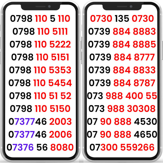 EE VIP mobile numbers with 888, 110, 8080 and gold patterns displayed on phone screens.