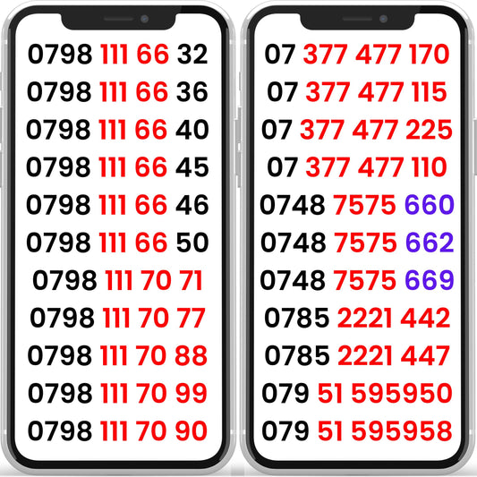 UK EE VIP numbers list with repeating digits shown on mobile phone screens.