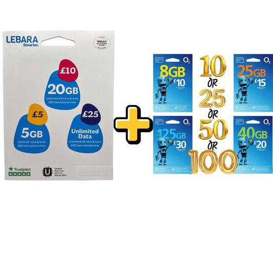 150 x Lebara uk + 50 x O2 uk  Sim Card Pay As You Go. PAYG STANDARD MICRO NANO