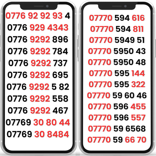 Lebara VIP mobile numbers displayed on two smartphones with easy-to-remember gold number patterns