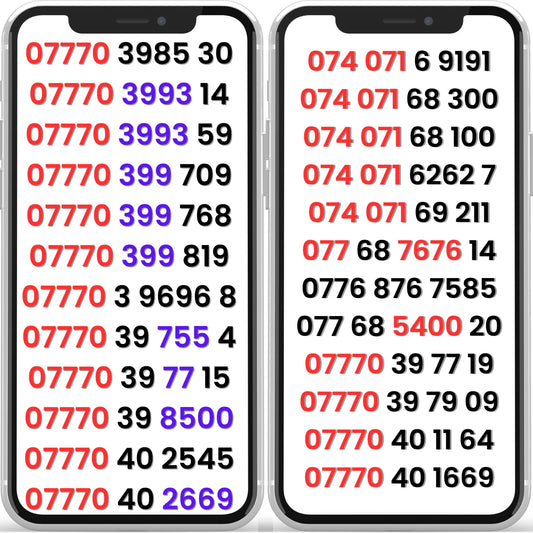 Lebara UK vip numbers list shown on a mobile phone screen .