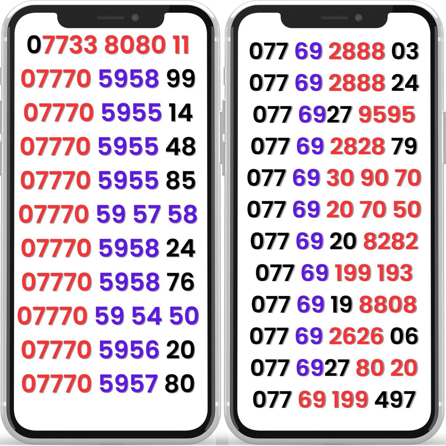 Lebara VIP mobile numbers UK displayed on two smartphones, gold numbers with repeating and easy-to-remember digit patterns.