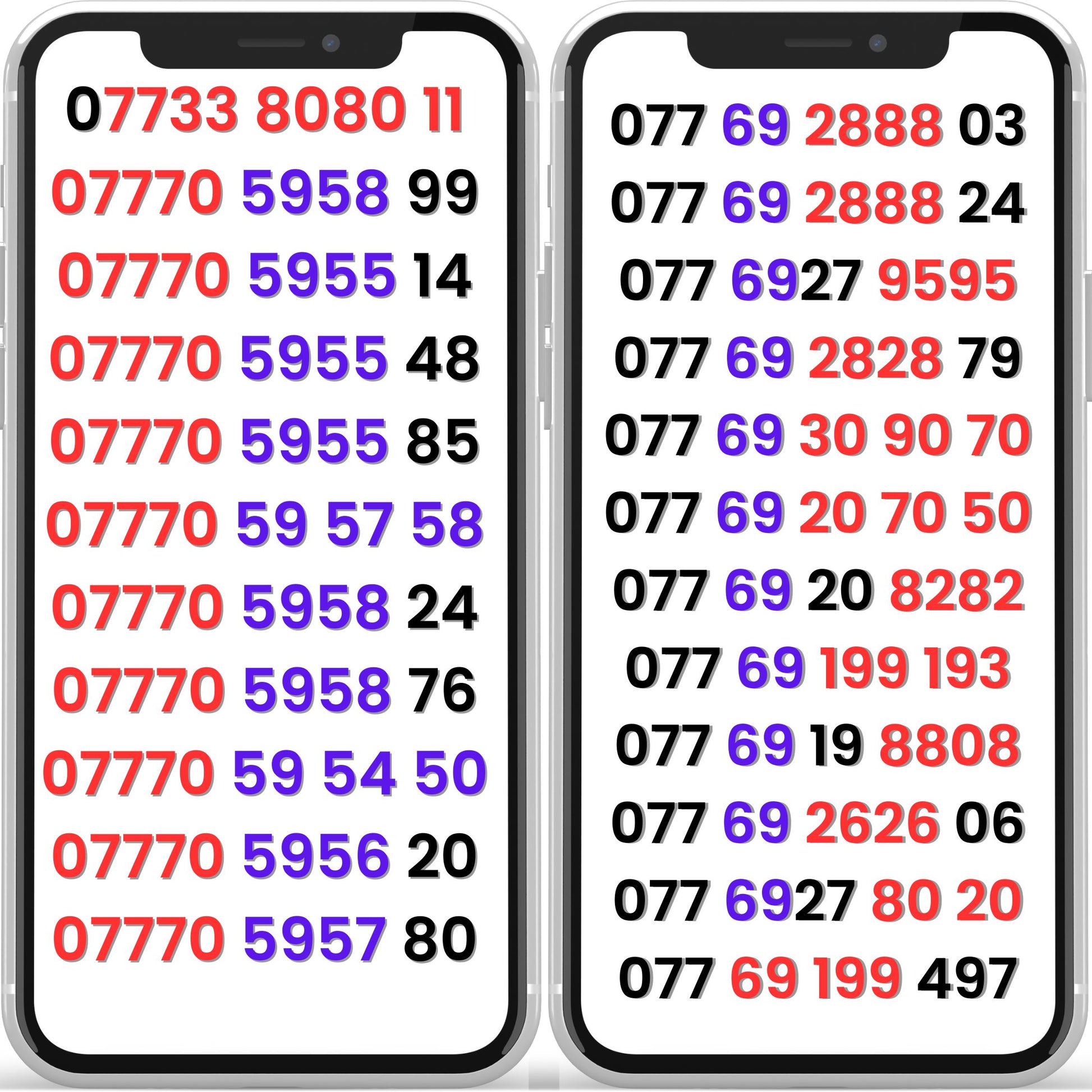 Lebara VIP mobile numbers UK displayed on two smartphones, gold numbers with repeating and easy-to-remember digit patterns.