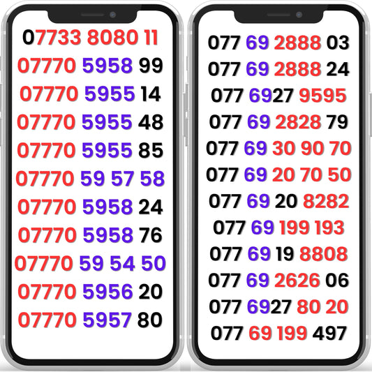 Lebara VIP mobile numbers UK displayed on two smartphones, gold numbers with repeating and easy-to-remember digit patterns.