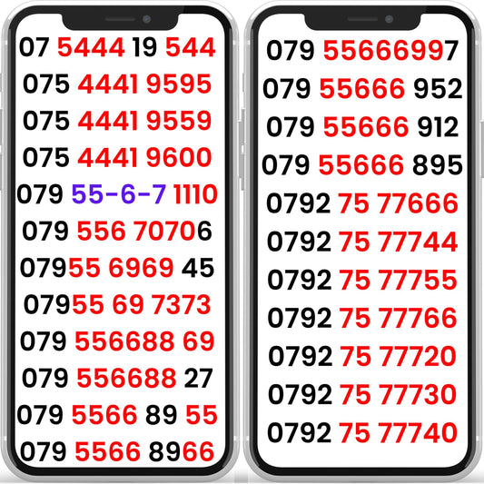 O2 UK VIP mobile numbers list displayed on smartphones - includes gold numbers like 4441, 55666.