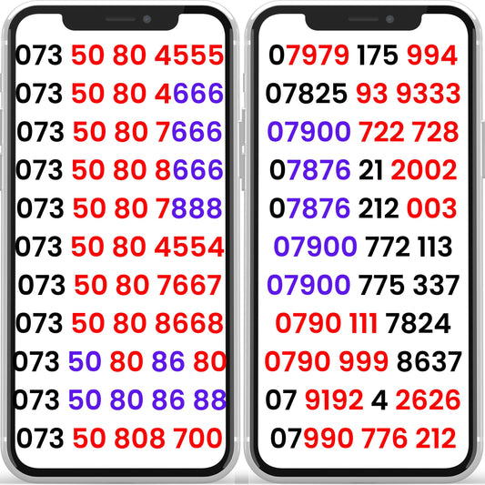 VIP mobile numbers list displayed on two smartphones, featuring repeating and memorable UK numbers.
