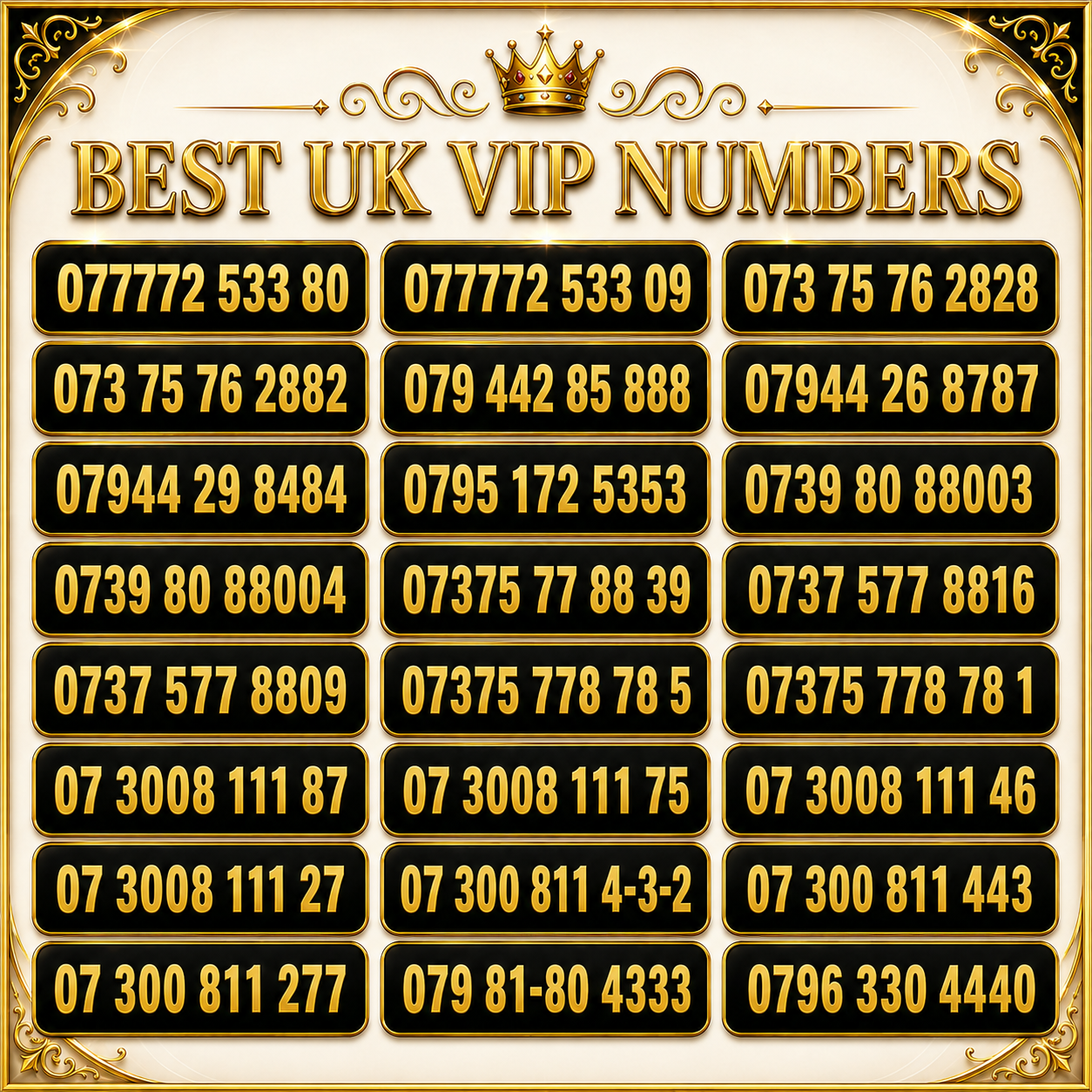 Exclusive VIP Mobile Numbers – 07777 Business & Personal Gold Numbers A7-E by EE – Buy VIP mobile numbers UK. Gold Numbers list. Buy EE UK VIP Mobile Numbers - 07777, 007 & More Gold Numbers For Sale