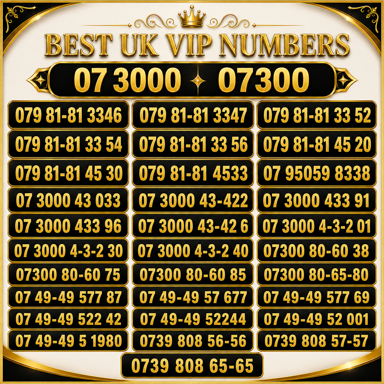 Best UK EE VIP numbers and gold numbers. image showing 07300 and 07 3000 premium number patterns.