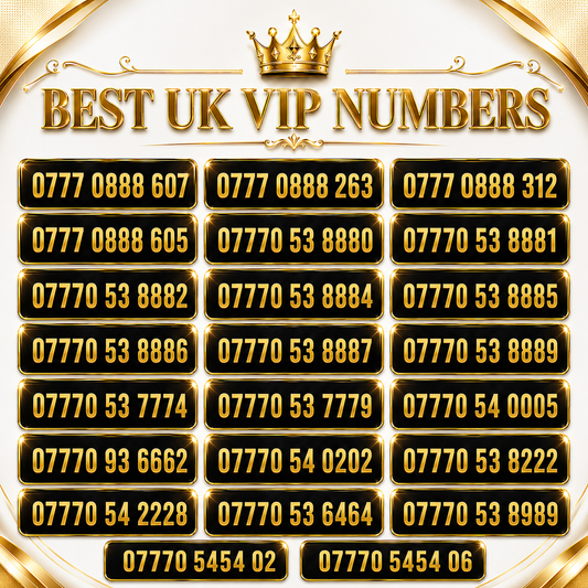 Collection of phone number blocks with 'Best UK VIP Numbers' text on a decorative background.
Vodafone UK VIP gold numbers list.