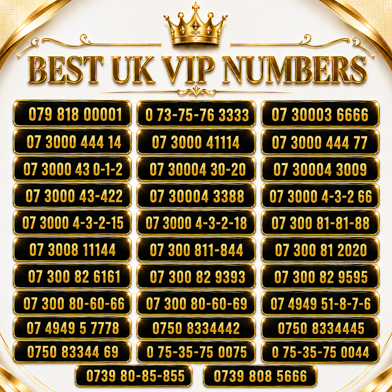 Premium UK VIP Numbers – Rare Gold Numbers 00001, 3333, 6666, 073000 for Sale A9-E
