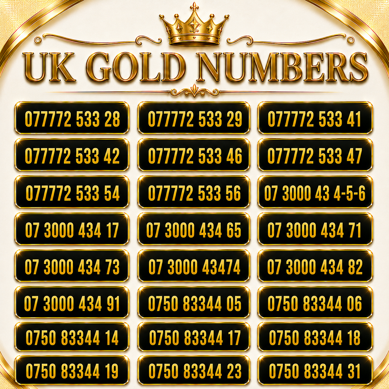 EE UK VIP numbers and gold numbers with 077772, 073000 and 0750 patterns