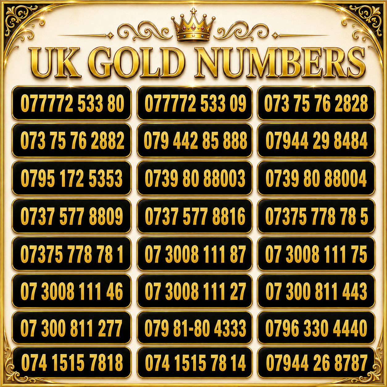 EE UK VIP gold numbers image with premium memorable mobile numbers and repeating number patterns