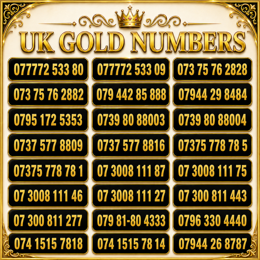 EE UK VIP gold numbers image with premium memorable mobile numbers and repeating number patterns