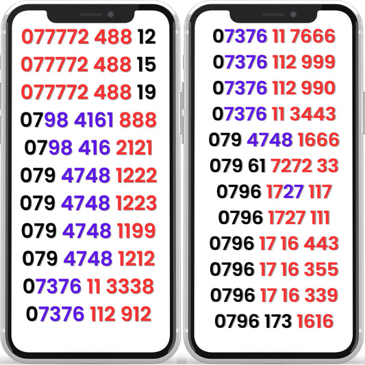 Two smartphones displaying vip phone numbers on their screens.uk gold numbers for sale.