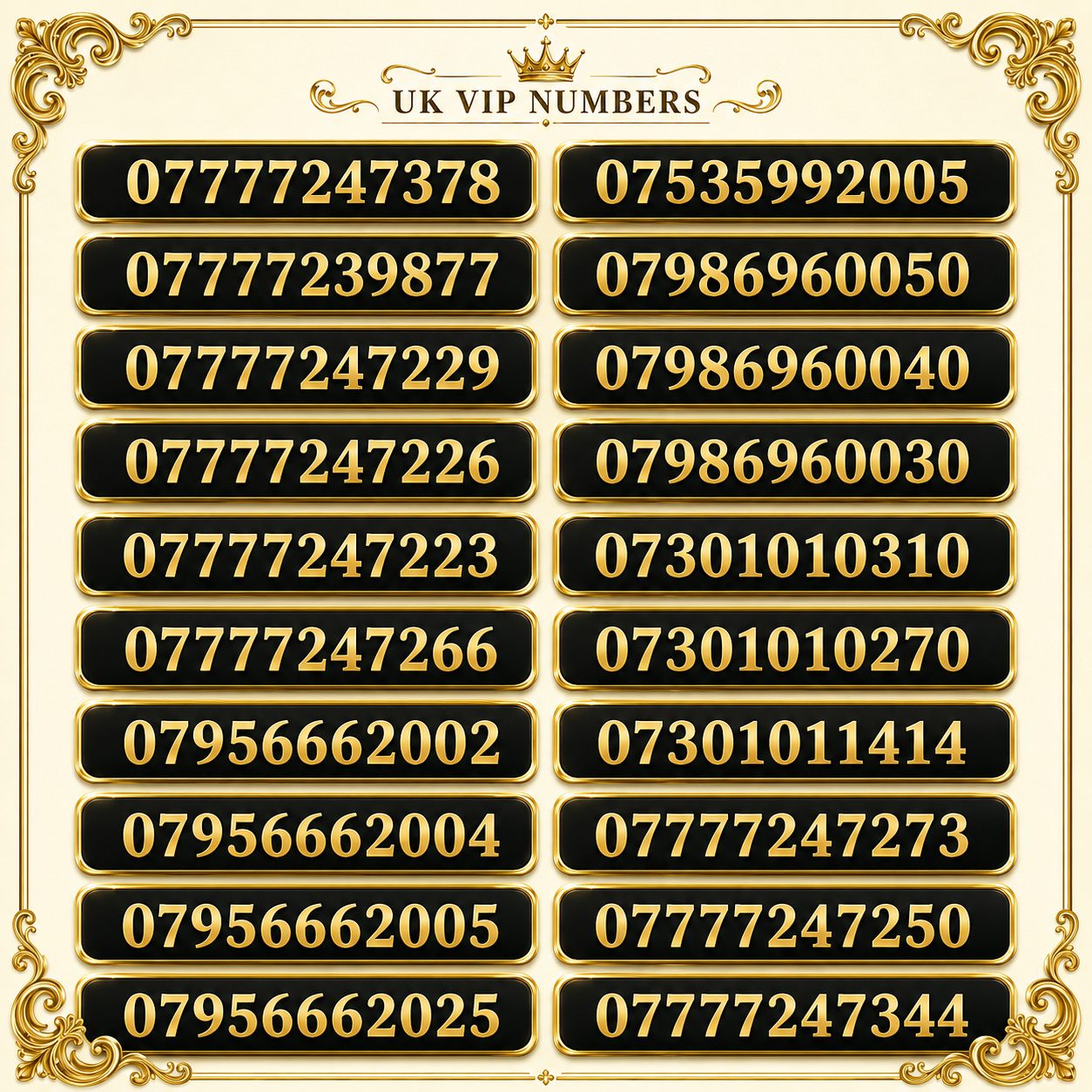UK VIP Numbers. 07777 – Exclusive Gold Mobile Numbers for Sale AA-E by EE – Buy VIP mobile numbers UK. Gold Numbers list. Buy EE VIP Numbers UK 07777 Gold Number Easy to Remember