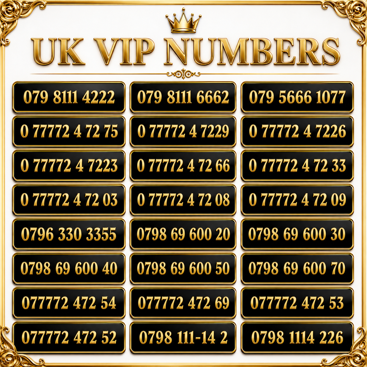 UK VIP Numbers. 07777 – Exclusive Gold Mobile Numbers for Sale AA-E by EE – Buy VIP mobile numbers UK. Gold Numbers list. Buy EE VIP Numbers UK 07777 Gold Number Easy to Remember