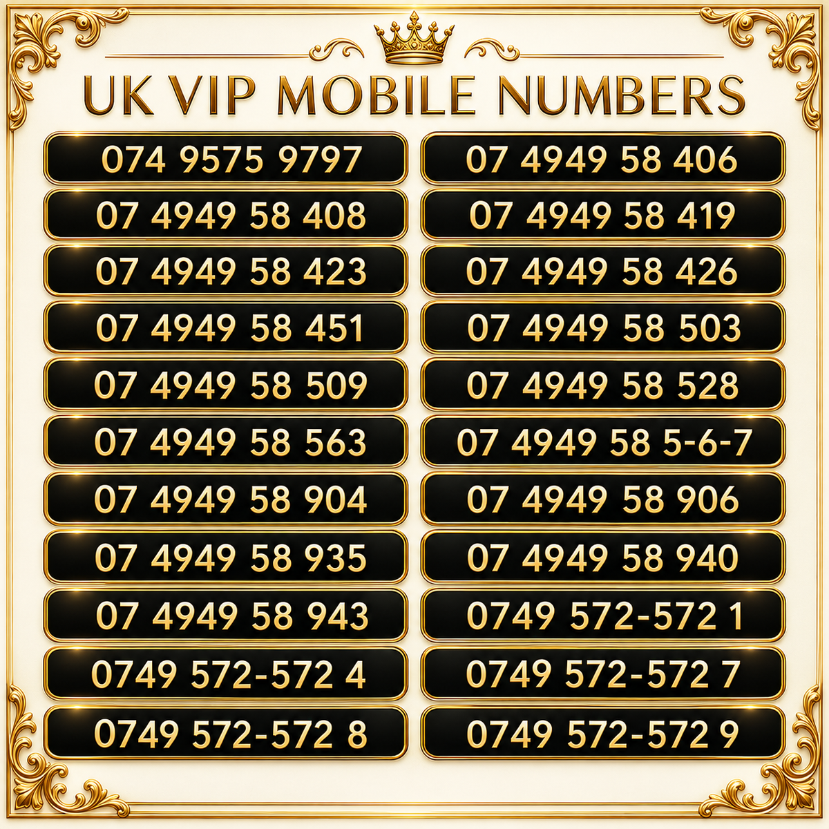 Gold VIP Mobile Numbers – UK Premium Gold Numbers for Sale J-E by EE – Buy VIP mobile numbers UK. Gold Numbers list. Shop EE VIP Numbers – Pay As Yo Go Gold Numbers for Sale