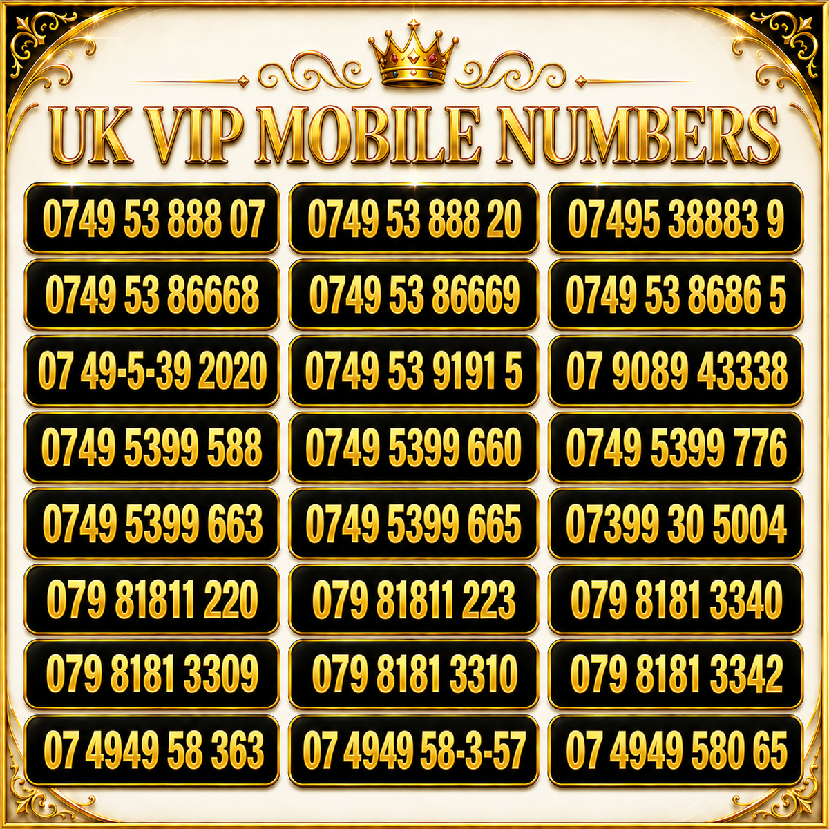 EE VIP mobile numbers featuring 888, 074949 and repeating digit patterns, displayed in metallic gold on black panels.