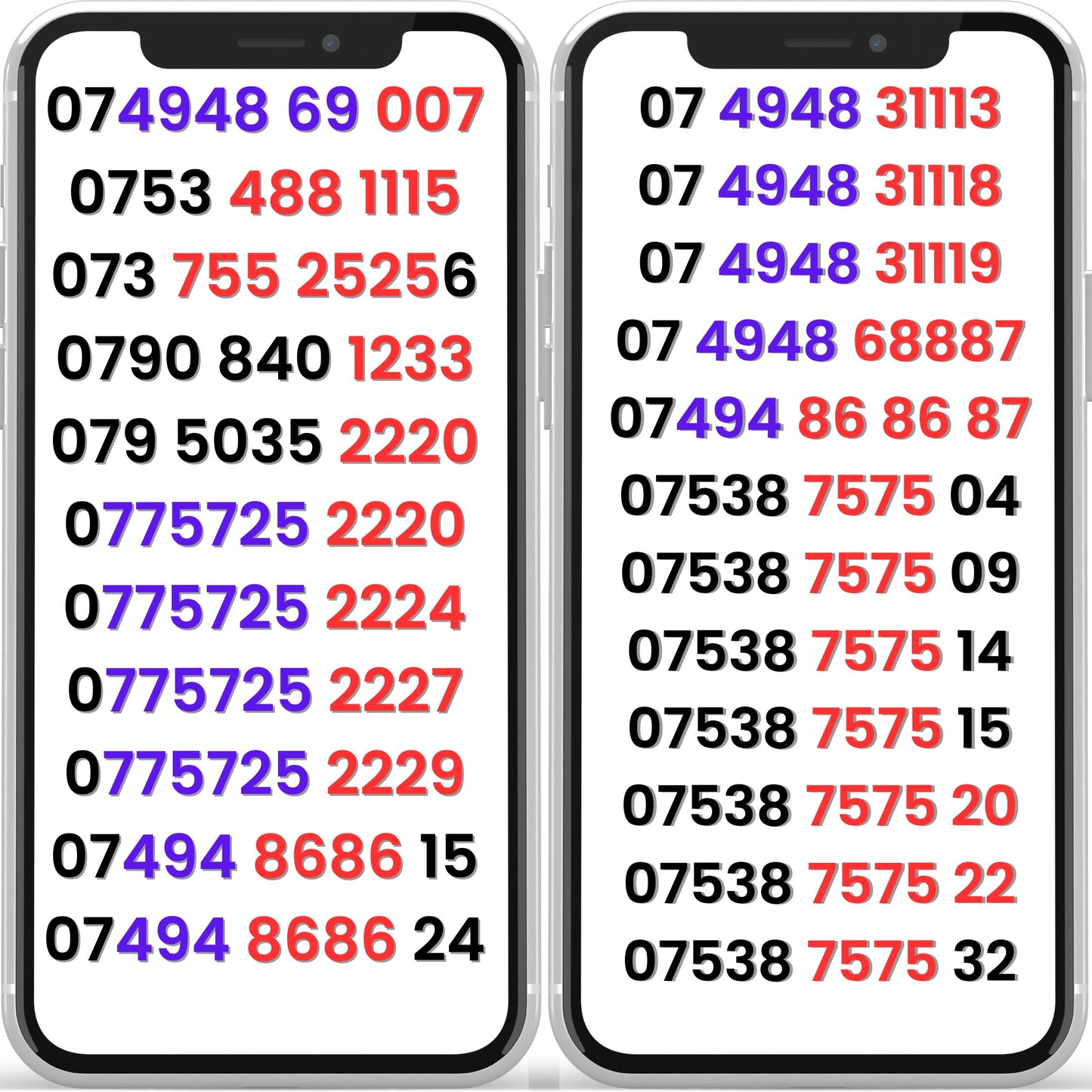 Two smartphones displaying sequences of numbers on their screens.gold numbers- vip numbers