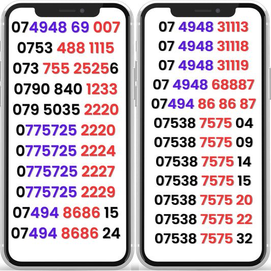 Two smartphones displaying sequences of numbers on their screens.gold numbers- vip numbers