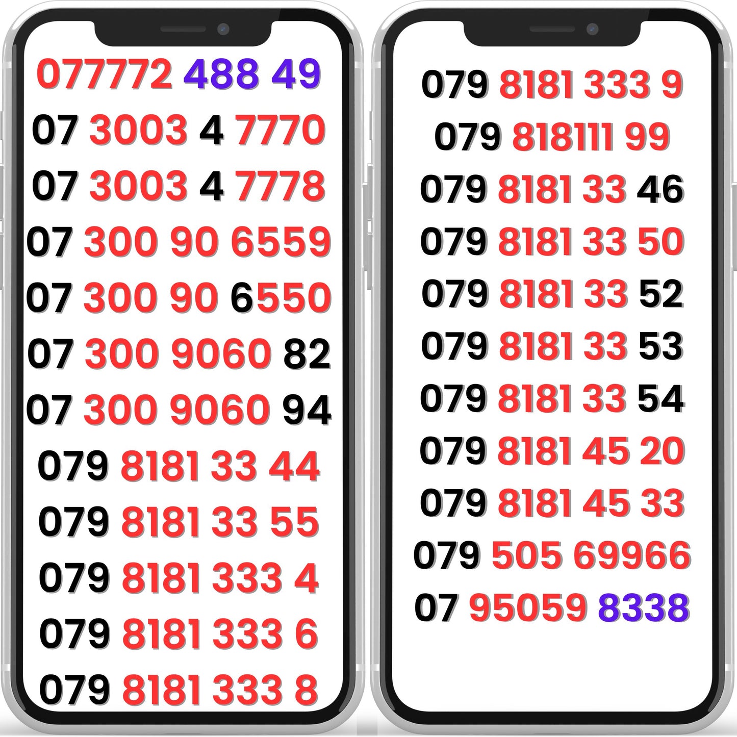 Two smartphones displaying ee vip phone numbers list in white background.