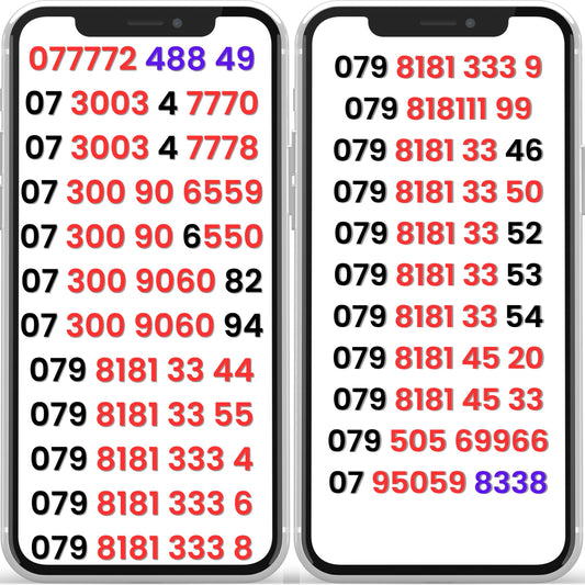 Two smartphones displaying ee vip phone numbers list in white background.