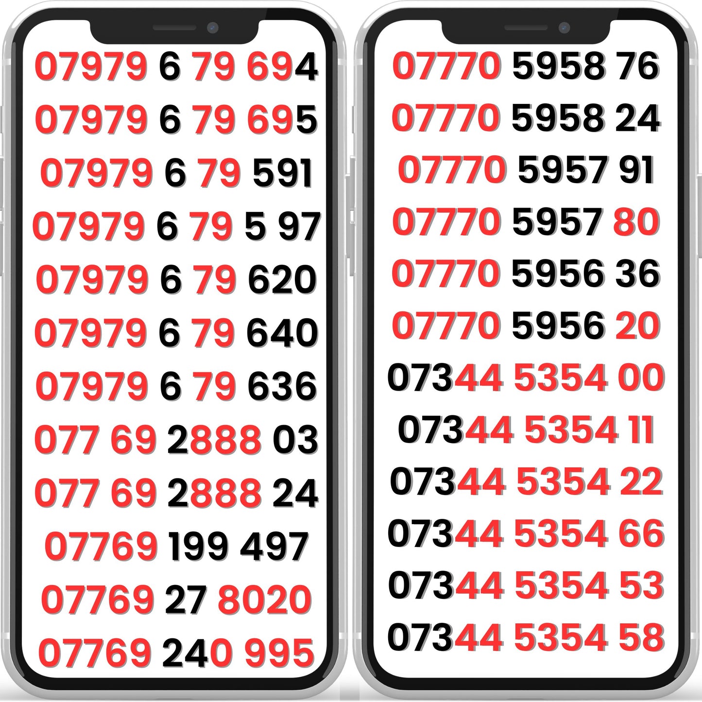 Two smartphones displaying lebara vip phone numbers, uk gold numbers list.