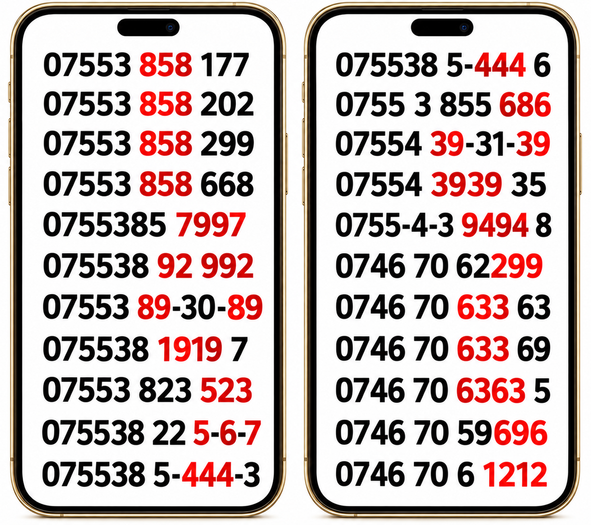 memorable Lebara UK VIP mobile numbers displayed in two gold phone frames, with repeating digits and sequences highlighted in red.