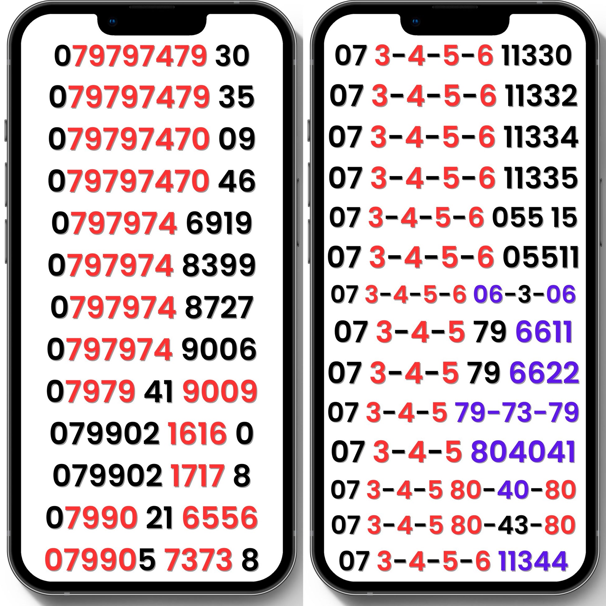Two smartphones displaying sequences of vip numbers on their screens.