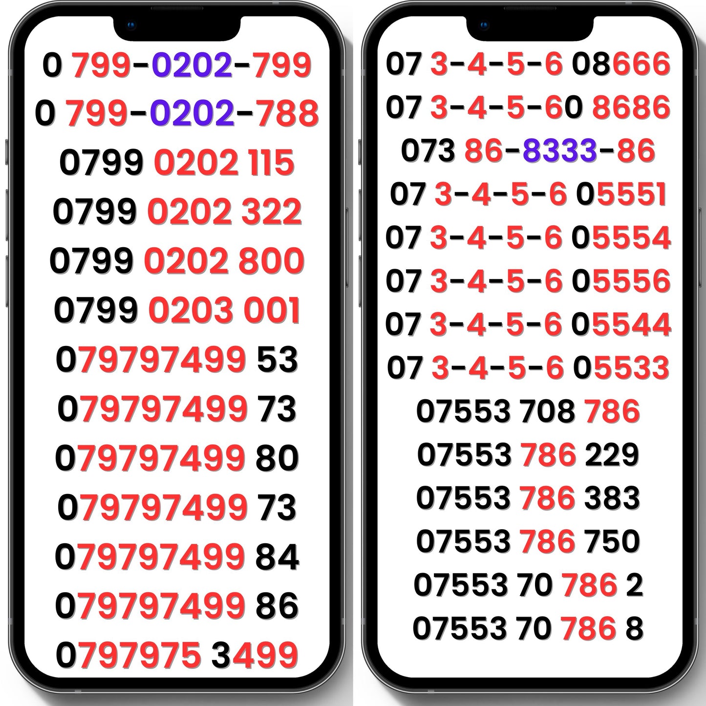 Lebara UK VIP numbers and gold numbers with 0202, 3-4-5-6, 079797499 and 786 patterns on two phone screens