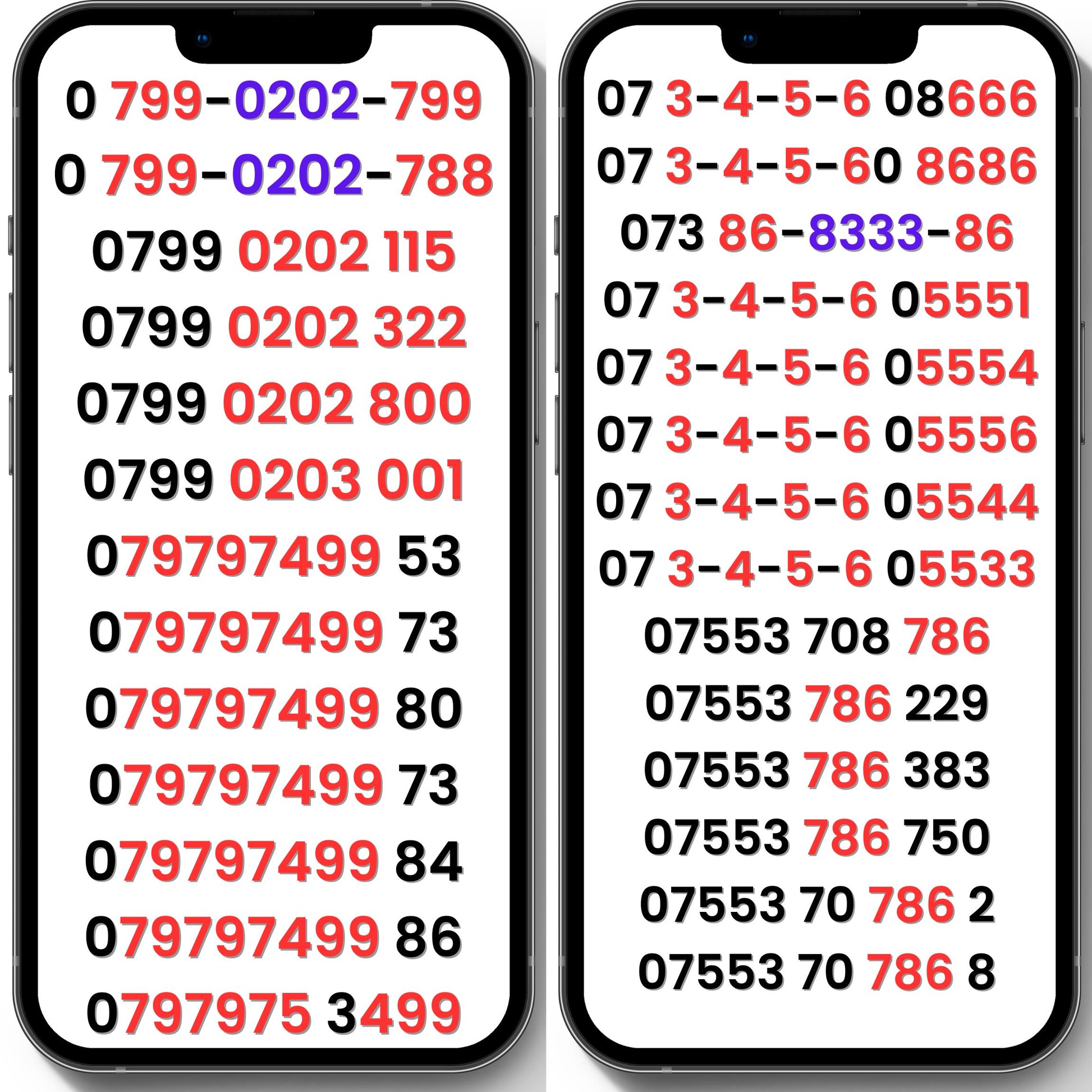Lebara UK VIP numbers and gold numbers with 0202, 3-4-5-6, 079797499 and 786 patterns on two phone screens