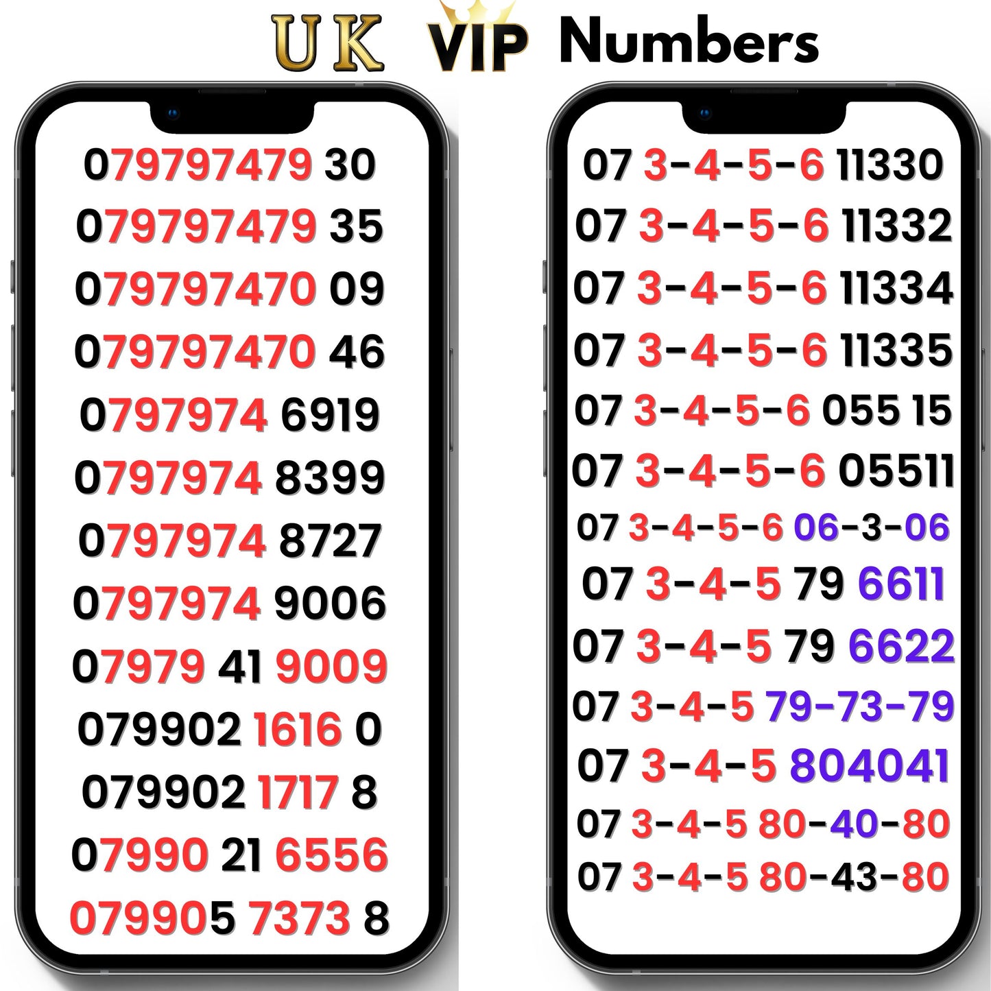 Lebara UK VIP numbers and gold numbers with 0797974, 3-4-5-6, 1717 and 7373 patterns on phone screens