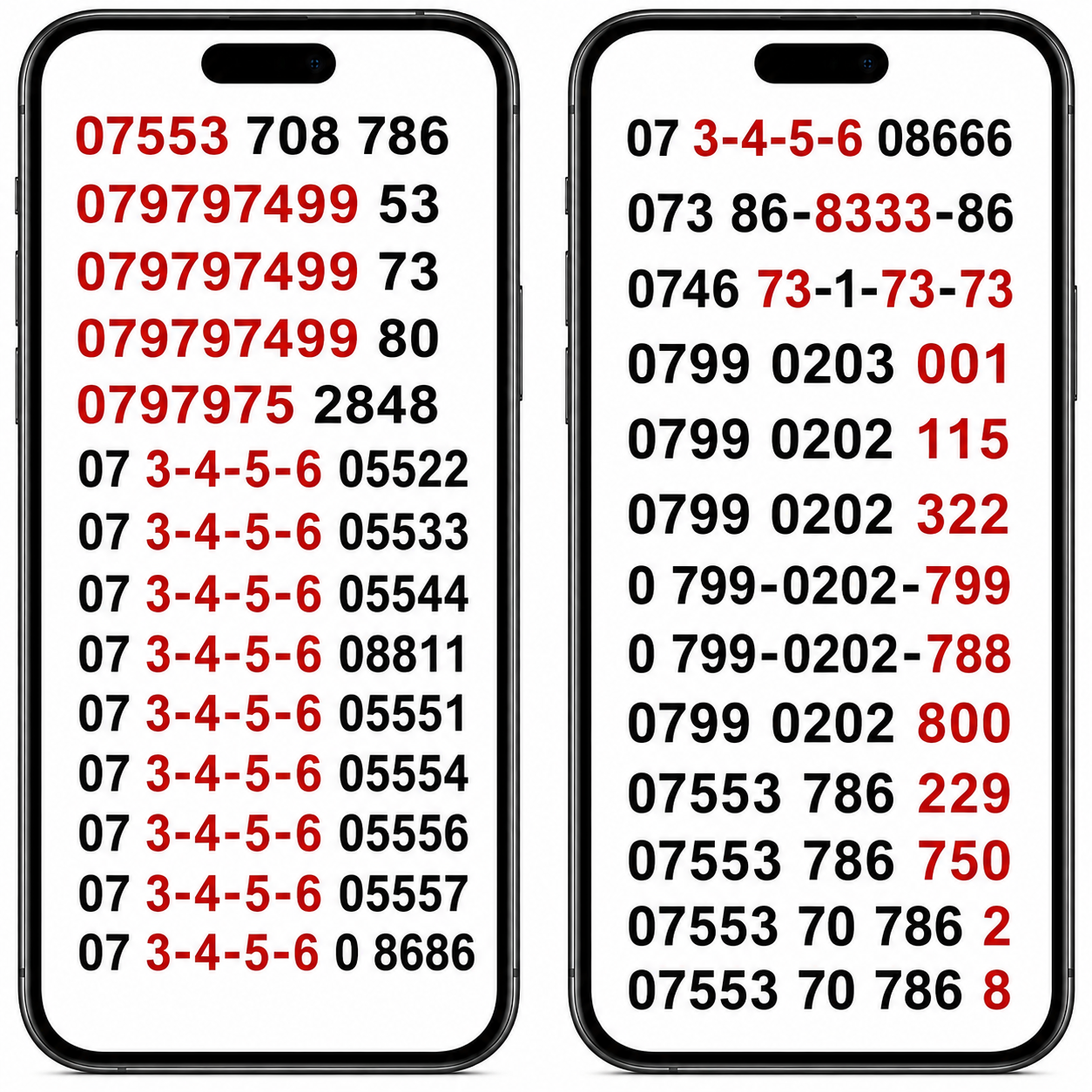 Lebara UK VIP numbers and gold numbers with 07553, 3-4-5-6, 0202 and 8333 patterns on two phone screens