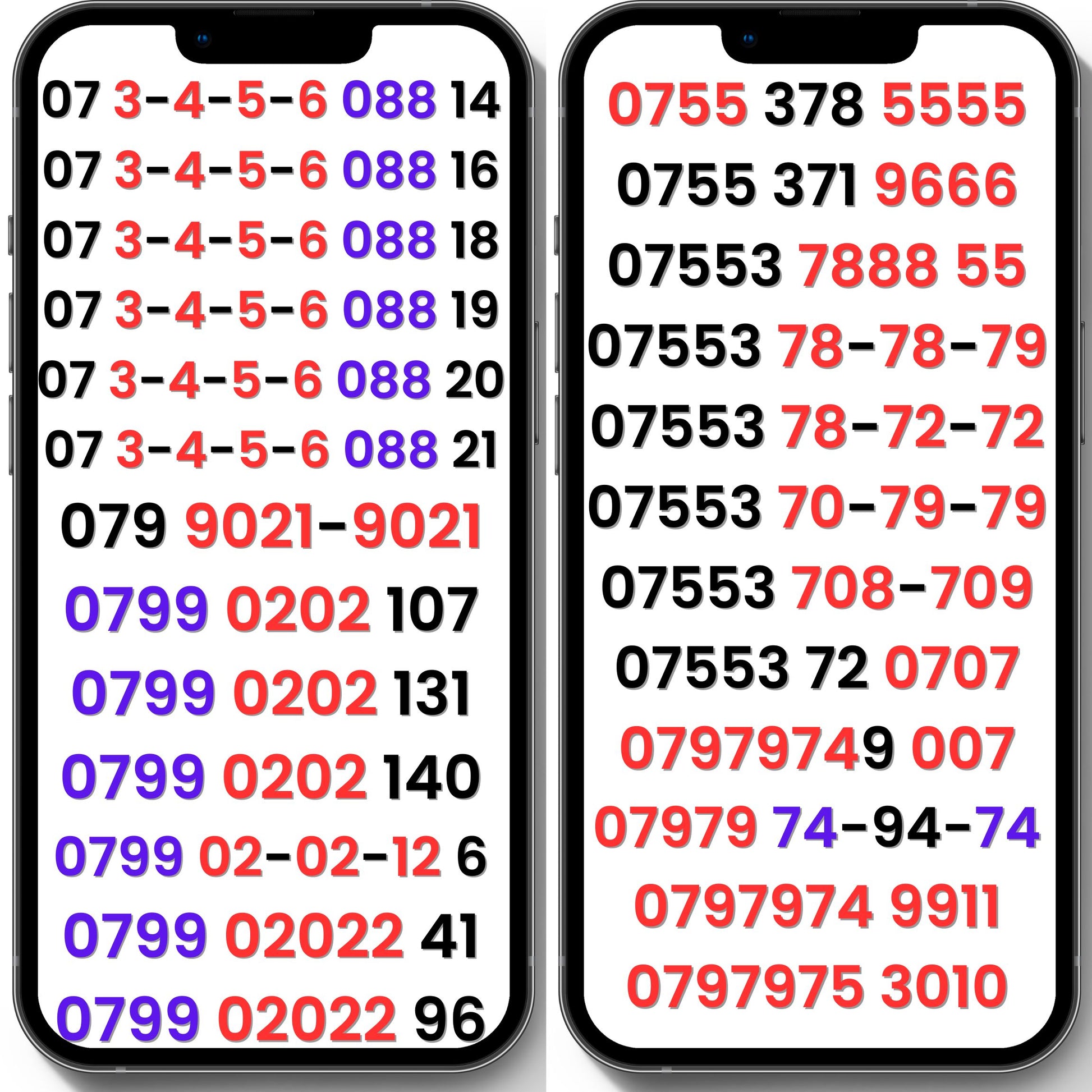 Lebara UK VIP numbers and gold numbers with 3-4-5-6, 0202, 9021-9021, 5555 and 9666 patterns on two phone screens
