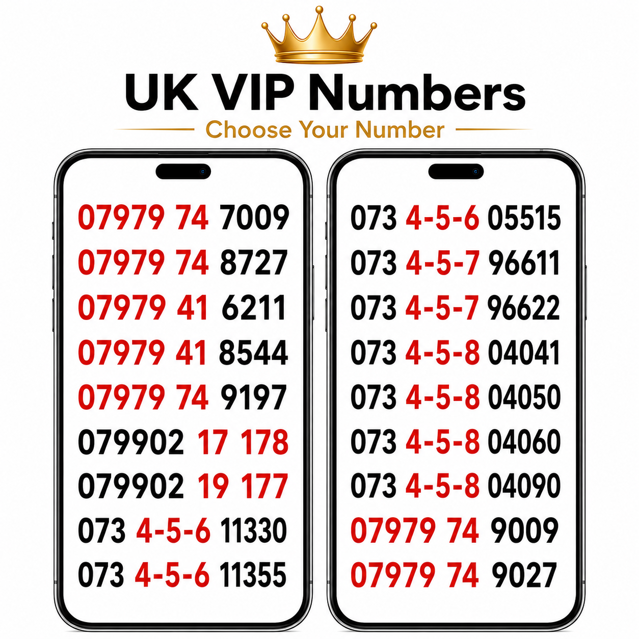Lebara UK VIP numbers and gold numbers with 797974, 3-4-5-6 and 17 178 patterns on two phone screens