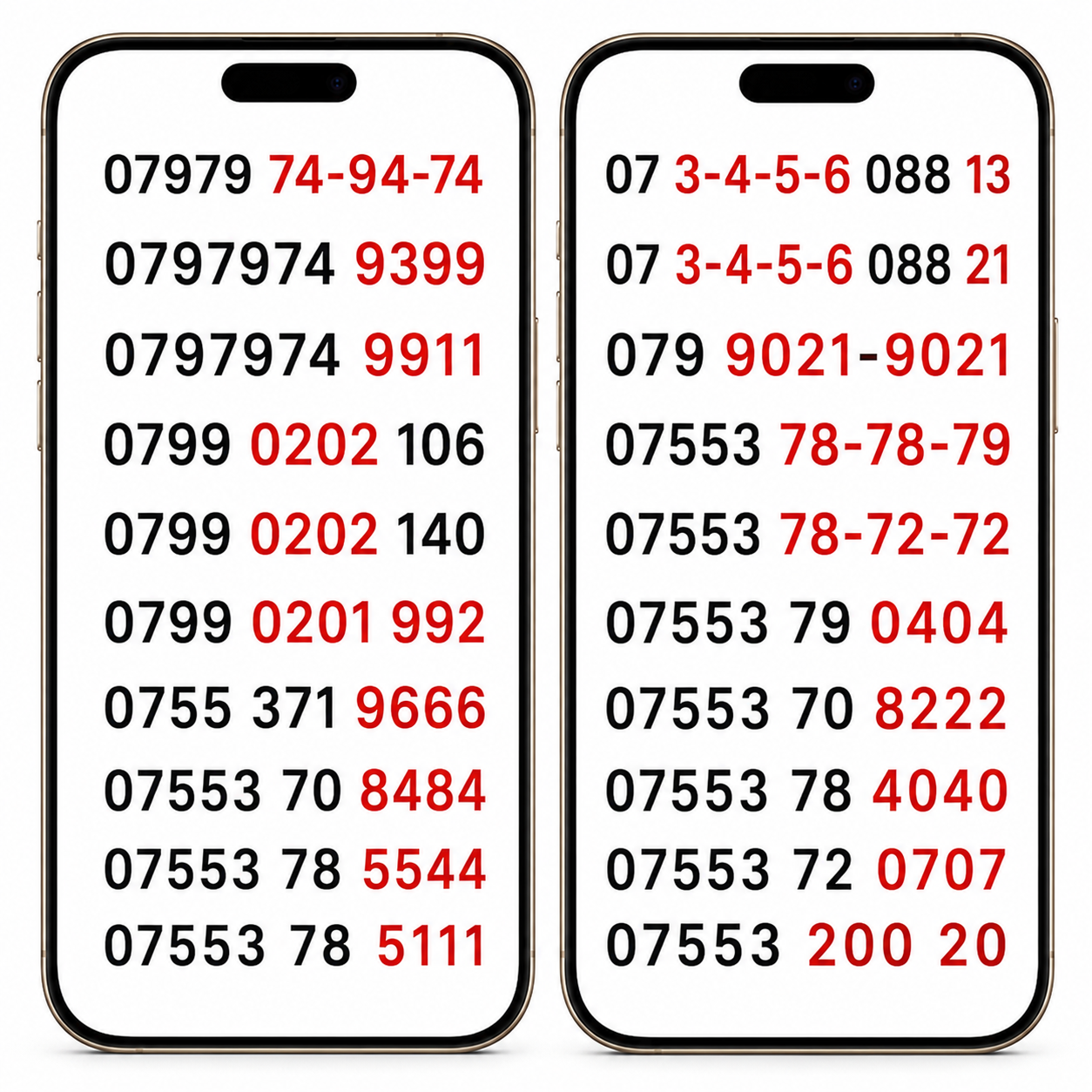 Lebara UK VIP numbers and gold numbers with 0202, 8484, 9021 and 78-78-79 patterns on phone screens