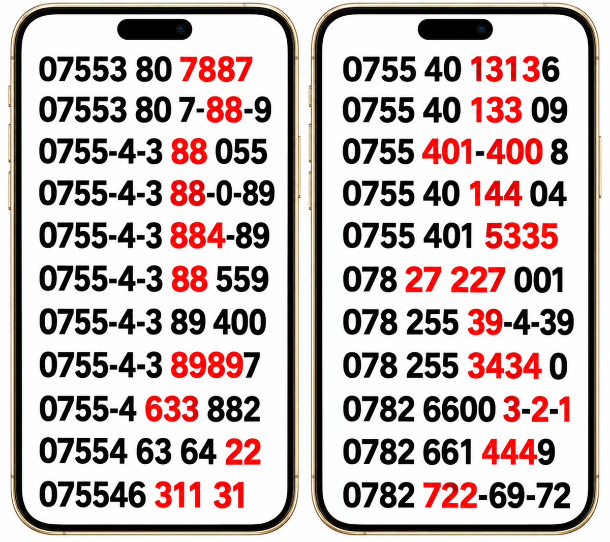 memorable Lebara UK mobile numbers displayed in two gold phone frames, with repeated digits and sequences highlighted in red.